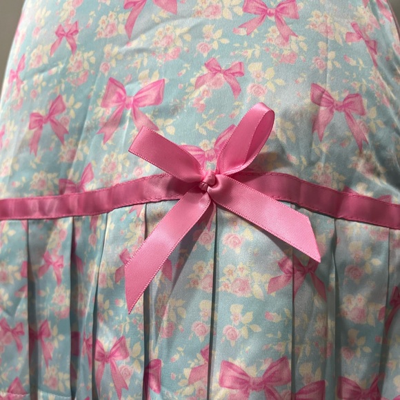 SUGAR THRILLZ No Misbehaving Bow Print Satin Mini Skirt Set Pastel Blue Pink S - Picture 10 of 15